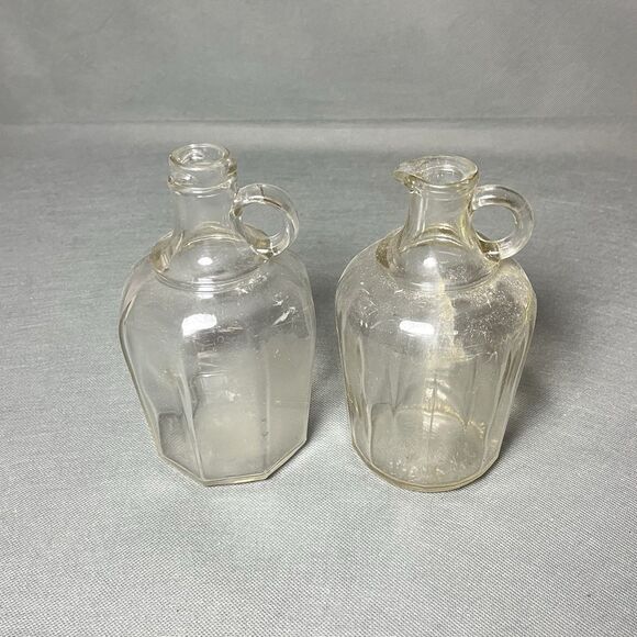LOT 2 Vintage Glass Jugs Syrup Bottle w/Pour Spout & Handle-Paneled Glass-UV - Picture 8 of 15
